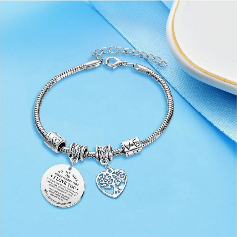 Silver Charm Bracelet with Heart and Inscription Stainless Steel